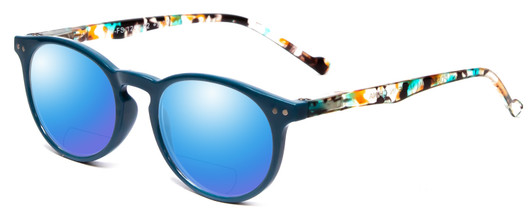 Profile View of Calabria MDR8003 Designer Polarized Reading Sunglasses with Custom Cut Powered Blue Mirror Lenses in Teal Green Crystal Spot Unisex Oval Full Rim Acetate 47 mm