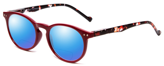 Profile View of Calabria MDR8003 Designer Polarized Reading Sunglasses with Custom Cut Powered Blue Mirror Lenses in Maroon Red Crystal Spot Unisex Oval Full Rim Acetate 47 mm
