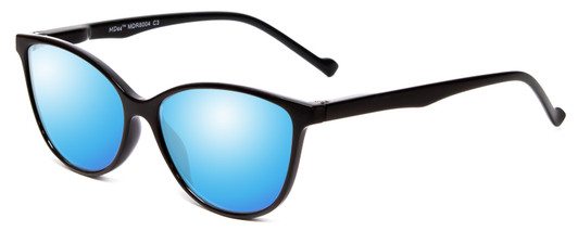 Profile View of Calabria MDR8004 Designer Polarized Sunglasses with Custom Cut Blue Mirror Lenses in Gloss Black Ladies Cateye Full Rim Acetate 49 mm