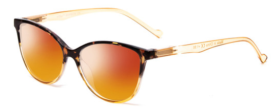 Profile View of Calabria MDR8004 Designer Polarized Sunglasses with Custom Cut Red Mirror Lenses in Tortoise Fade Amber Crystal Ladies Cateye Full Rim Acetate 49 mm