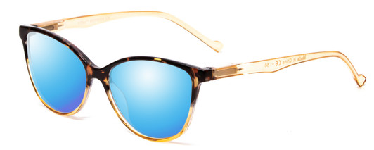 Profile View of Calabria MDR8004 Designer Polarized Sunglasses with Custom Cut Blue Mirror Lenses in Tortoise Fade Amber Crystal Ladies Cateye Full Rim Acetate 49 mm