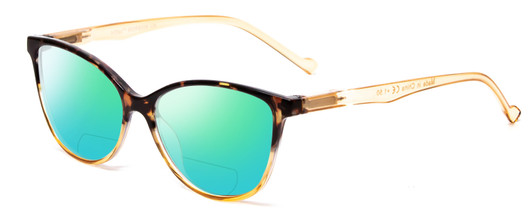 Profile View of Calabria MDR8004 Designer Polarized Reading Sunglasses with Custom Cut Powered Green Mirror Lenses in Tortoise Fade Amber Crystal Ladies Cateye Full Rim Acetate 49 mm