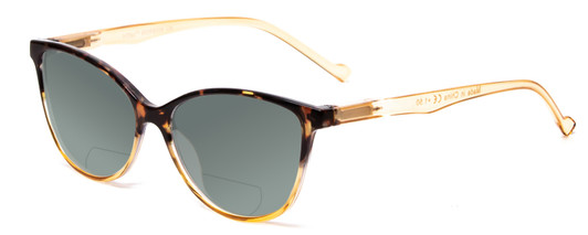 Profile View of Calabria MDR8004 Designer Polarized Reading Sunglasses with Custom Cut Powered Smoke Grey Lenses in Tortoise Fade Amber Crystal Ladies Cateye Full Rim Acetate 49 mm
