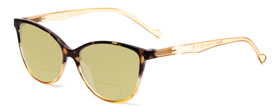 Profile View of Calabria MDR8004 Designer Polarized Reading Sunglasses with Custom Cut Powered Sun Flower Yellow Lenses in Tortoise Fade Amber Crystal Ladies Cateye Full Rim Acetate 49 mm