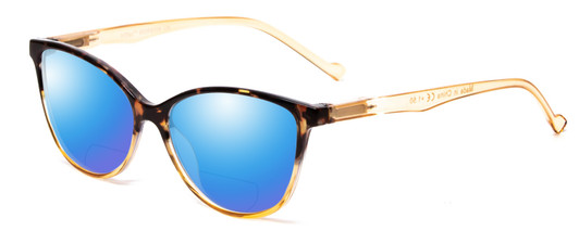 Profile View of Calabria MDR8004 Designer Polarized Reading Sunglasses with Custom Cut Powered Blue Mirror Lenses in Tortoise Fade Amber Crystal Ladies Cateye Full Rim Acetate 49 mm