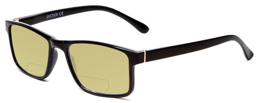 Profile View of Calabria L2007 Designer Polarized Reading Sunglasses with Custom Cut Powered Sun Flower Yellow Lenses in Gloss Black Mens Square Full Rim Acetate 54 mm