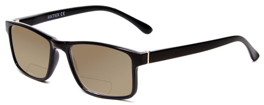 Profile View of Calabria L2007 Designer Polarized Reading Sunglasses with Custom Cut Powered Amber Brown Lenses in Gloss Black Mens Square Full Rim Acetate 54 mm