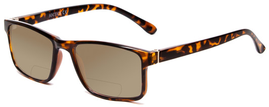 Profile View of Calabria L2007 Designer Polarized Reading Sunglasses with Custom Cut Powered Amber Brown Lenses in Tortoise Havana Brown Gold Mens Square Full Rim Acetate 54 mm