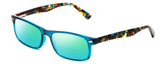 Profile View of Ann Taylor ATR010 Designer Polarized Reading Sunglasses with Custom Cut Powered Green Mirror Lenses in Crystal Teal Blue Marble Tortoise Ladies Rectangle Full Rim Acetate 53 mm