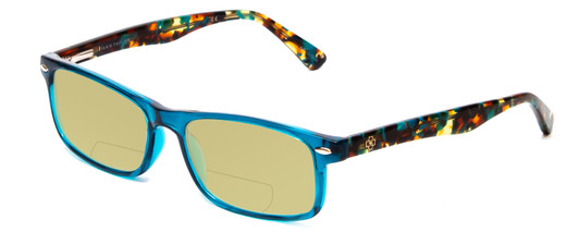 Profile View of Ann Taylor ATR010 Designer Polarized Reading Sunglasses with Custom Cut Powered Sun Flower Yellow Lenses in Crystal Teal Blue Marble Tortoise Ladies Rectangle Full Rim Acetate 53 mm