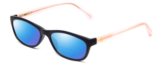 Profile View of Ann Taylor ATR020 Designer Polarized Reading Sunglasses with Custom Cut Powered Blue Mirror Lenses in Matte Navy Blue Blush Crystal Pink Ladies Cateye Full Rim Acetate 52 mm
