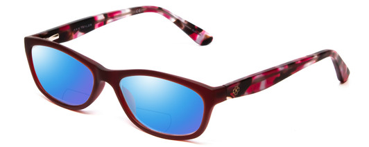 Profile View of Ann Taylor ATR020 Designer Polarized Reading Sunglasses with Custom Cut Powered Blue Mirror Lenses in Matte Burgundy Red Marble Tortoise Ladies Cateye Full Rim Acetate 52 mm