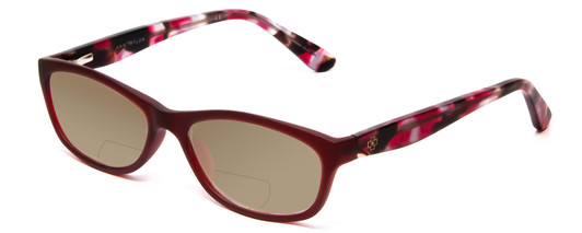 Profile View of Ann Taylor ATR020 Designer Polarized Reading Sunglasses with Custom Cut Powered Amber Brown Lenses in Matte Burgundy Red Marble Tortoise Ladies Cateye Full Rim Acetate 52 mm