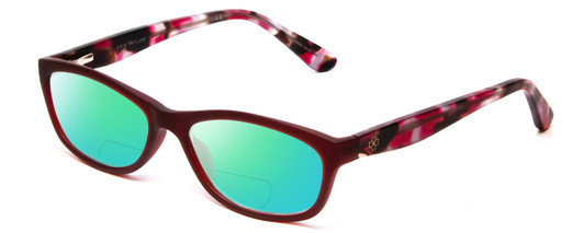 Profile View of Ann Taylor ATR020 Designer Polarized Reading Sunglasses with Custom Cut Powered Green Mirror Lenses in Matte Burgundy Red Marble Tortoise Ladies Cateye Full Rim Acetate 52 mm