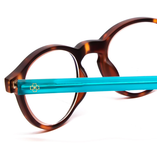 Close Up View of Ann Taylor ATR030 Designer Progressive Lens Prescription Rx Eyeglasses in Tortoise Brown Gold Turquoise Crystal Blue Ladies Round Full Rim Acetate 47 mm