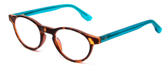 Profile View of Ann Taylor ATR030 Designer Blue Light Blocking Eyeglasses in Tortoise Brown Gold Turquoise Crystal Blue Ladies Round Full Rim Acetate 47 mm