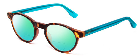 Profile View of Ann Taylor ATR030 Designer Polarized Reading Sunglasses with Custom Cut Powered Green Mirror Lenses in Tortoise Brown Gold Turquoise Crystal Blue Ladies Round Full Rim Acetate 47 mm