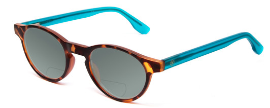 Profile View of Ann Taylor ATR030 Designer Polarized Reading Sunglasses with Custom Cut Powered Smoke Grey Lenses in Tortoise Brown Gold Turquoise Crystal Blue Ladies Round Full Rim Acetate 47 mm