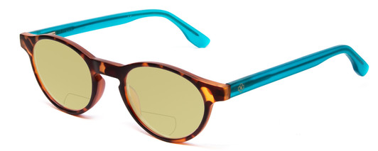 Profile View of Ann Taylor ATR030 Designer Polarized Reading Sunglasses with Custom Cut Powered Sun Flower Yellow Lenses in Tortoise Brown Gold Turquoise Crystal Blue Ladies Round Full Rim Acetate 47 mm