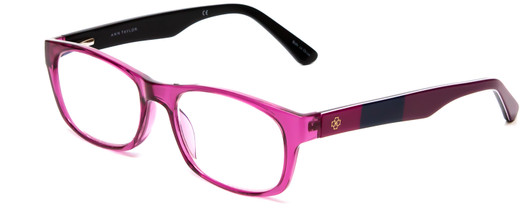 Profile View of Ann Taylor ATR040 Designer Blue Light Blocking Eyeglasses in Crystal Purple Hot Pink Fuchsia Stripe Ladies Classic Full Rim Acetate 52 mm