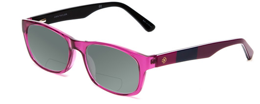 Profile View of Ann Taylor ATR040 Designer Polarized Reading Sunglasses with Custom Cut Powered Smoke Grey Lenses in Crystal Purple Hot Pink Fuchsia Stripe Ladies Classic Full Rim Acetate 52 mm