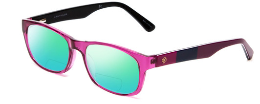Profile View of Ann Taylor ATR040 Designer Polarized Reading Sunglasses with Custom Cut Powered Green Mirror Lenses in Crystal Purple Hot Pink Fuchsia Stripe Ladies Classic Full Rim Acetate 52 mm