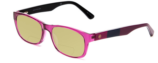 Profile View of Ann Taylor ATR040 Designer Polarized Reading Sunglasses with Custom Cut Powered Sun Flower Yellow Lenses in Crystal Purple Hot Pink Fuchsia Stripe Ladies Classic Full Rim Acetate 52 mm
