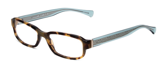 Profile View of Coach HC6083 Designer Reading Eye Glasses with Custom Cut Powered Lenses in Tortoise Havana Brown Gold Crystal Teal Blue Ladies Rectangle Full Rim Acetate 52 mm