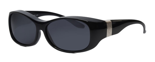 Profile View of Foster Grant Solar Shield Ladies Oval 60 mm Fitover Sunglasses Black Silver/Grey