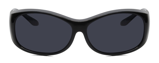 Front View of Foster Grant Solar Shield Ladies Oval 60 mm Fitover Sunglasses Black Silver/Grey