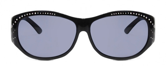 Front View of Foster Grant Ladies Oval 60mm Fitover Sunglasses Gloss Black Crystals/Smoke Grey