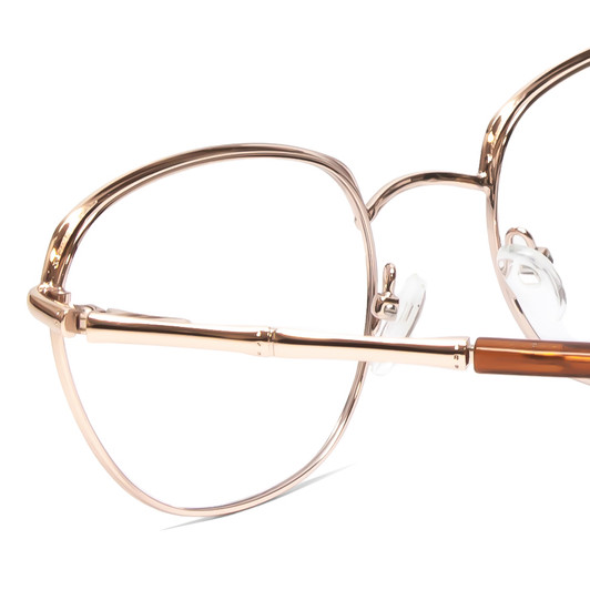 Close Up View of Scott&Zelda SZ7429 Designer Single Vision Prescription Rx Eyeglasses in Satin Brown Gold Glitter Tips Unisex Round Full Rim Metal 50 mm