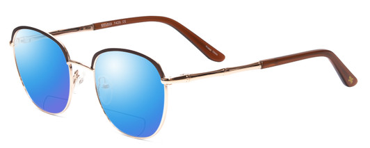 Profile View of Scott&Zelda SZ7429 Designer Polarized Reading Sunglasses with Custom Cut Powered Blue Mirror Lenses in Satin Brown Gold Glitter Tips Unisex Round Full Rim Metal 50 mm