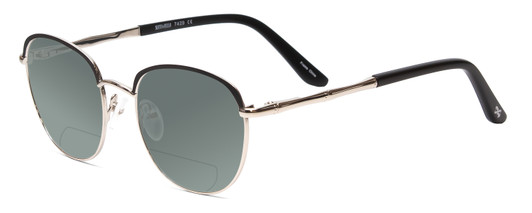 Profile View of Scott&Zelda SZ7429 Designer Polarized Reading Sunglasses with Custom Cut Powered Smoke Grey Lenses in Satin Black Silver Glitter Tips Unisex Round Full Rim Metal 50 mm