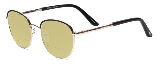 Profile View of Scott&Zelda SZ7429 Designer Polarized Reading Sunglasses with Custom Cut Powered Sun Flower Yellow Lenses in Satin Black Silver Glitter Tips Unisex Round Full Rim Metal 50 mm
