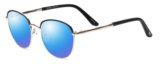 Profile View of Scott&Zelda SZ7429 Designer Polarized Reading Sunglasses with Custom Cut Powered Blue Mirror Lenses in Satin Black Silver Glitter Tips Unisex Round Full Rim Metal 50 mm