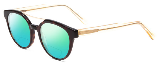 Profile View of Scott&Zelda SZ7431 Designer Polarized Reading Sunglasses with Custom Cut Powered Green Mirror Lenses in Tortoise Havana Brown Gold Crystal Amber Tips Unisex Oval Full Rim Acetate 50 mm