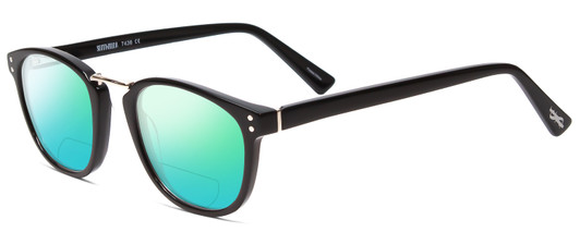 Profile View of Scott&Zelda SZ7436 Designer Polarized Reading Sunglasses with Custom Cut Powered Green Mirror Lenses in Gloss Black Silver Studs Unisex Oval Full Rim Acetate 49 mm