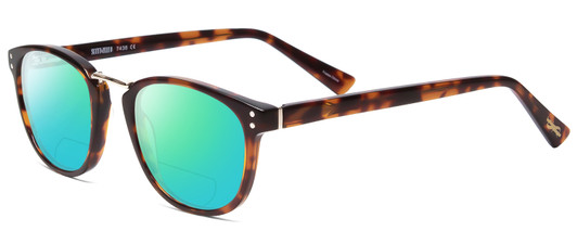 Profile View of Scott&Zelda SZ7436 Designer Polarized Reading Sunglasses with Custom Cut Powered Green Mirror Lenses in Tortoise Havana Brown Gold Silver Studs Unisex Oval Full Rim Acetate 49 mm