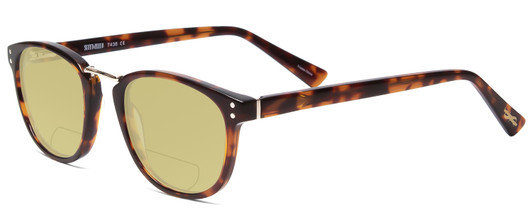 Profile View of Scott&Zelda SZ7436 Designer Polarized Reading Sunglasses with Custom Cut Powered Sun Flower Yellow Lenses in Tortoise Havana Brown Gold Silver Studs Unisex Oval Full Rim Acetate 49 mm