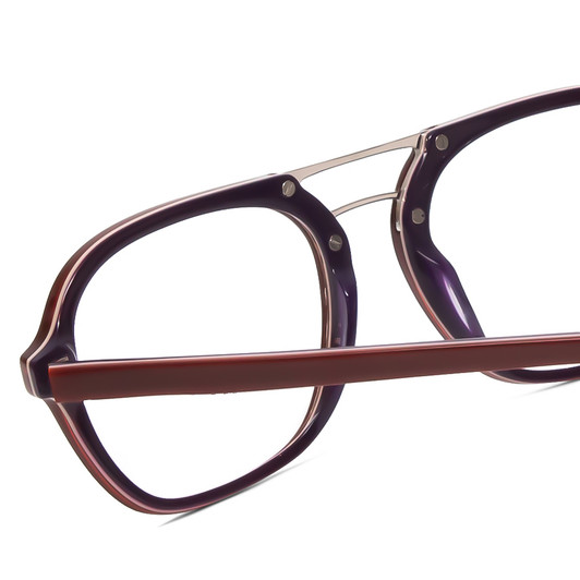 Close Up View of Scott&Zelda SZ7442 Designer Single Vision Prescription Rx Eyeglasses in Burgundy Red Silver Triple Layer Purple Unisex Square Full Rim Acetate 52 mm