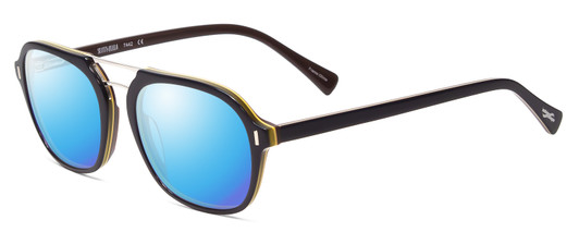 Profile View of Scott&Zelda SZ7442 Designer Polarized Sunglasses with Custom Cut Blue Mirror Lenses in Navy Blue Cobalt Silver Triple Layer Brown Unisex Square Full Rim Acetate 52 mm
