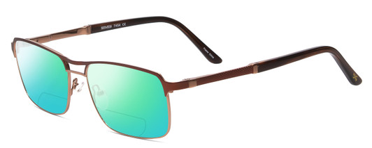 Profile View of Scott&Zelda SZ7454 Designer Polarized Reading Sunglasses with Custom Cut Powered Green Mirror Lenses in Matte Brown Satin Copper Unisex Rectangle Full Rim Metal 55 mm