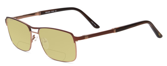 Profile View of Scott&Zelda SZ7454 Designer Polarized Reading Sunglasses with Custom Cut Powered Sun Flower Yellow Lenses in Matte Brown Satin Copper Unisex Rectangle Full Rim Metal 55 mm