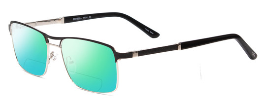 Profile View of Scott&Zelda SZ7454 Designer Polarized Reading Sunglasses with Custom Cut Powered Green Mirror Lenses in Matte Black Silver Unisex Rectangle Full Rim Metal 55 mm