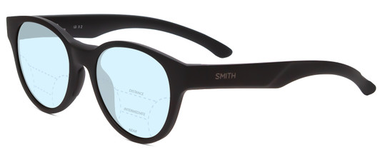 Profile View of Smith Optics Rounder Designer Progressive Lens Blue Light Blocking Eyeglasses in Ice Smoke Green Crystal Grey Unisex Classic Full Rim Acetate 51 mm with Blue Light Zone functionality illustration laid over the lens