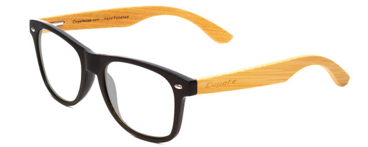 Profile View of Coyote Woodie Designer Progressive Lens Blue Light Blocking Eyeglasses in Black Silver Brown Bamboo Wood Unisex Classic Full Rim Wood 52 mm with Blue Light Zone functionality illustration laid over the lens