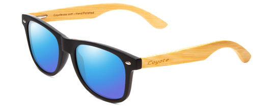 Profile View of Coyote Woodie Designer Polarized Sunglasses with Custom Cut Blue Mirror Lenses in Black Silver Brown Bamboo Wood Unisex Classic Full Rim Wood 52 mm