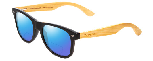 Profile View of Coyote Woodie Designer Polarized Reading Sunglasses with Custom Cut Powered Blue Mirror Lenses in Black Silver Brown Bamboo Wood Unisex Classic Full Rim Wood 52 mm