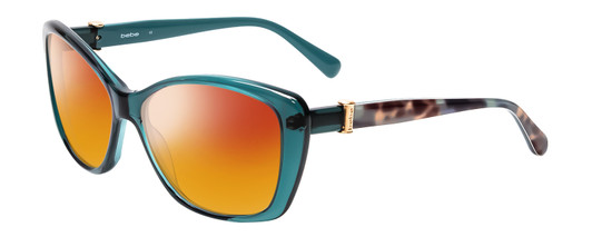 Profile View of Bebe BB7141-471 Designer Polarized Sunglasses with Custom Cut Red Mirror Lenses in Crystal Teal Blue Green Tortoise Brown Gold Ladies Cateye Full Rim Acetate 57 mm